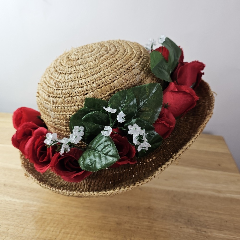 Cherokee Floral Straw Hat Romantic Home And Garden Decor Whimsical Roses Red